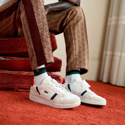 MENS LACOSTE T-CLIP TRICOLOUR LEATHER AND SUEDE TRAINERS